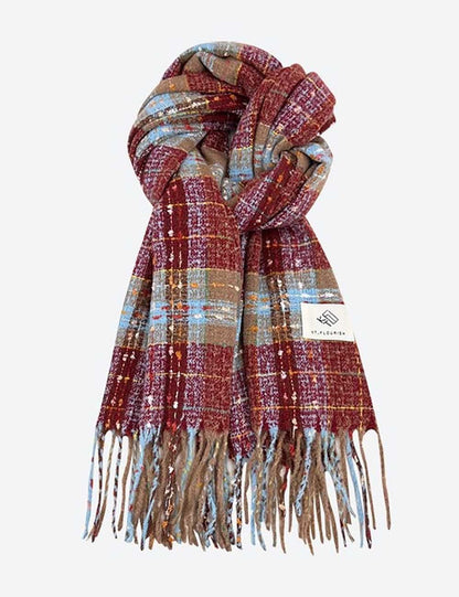 Christmas Warm Color Block Plaid Tassel Scarf