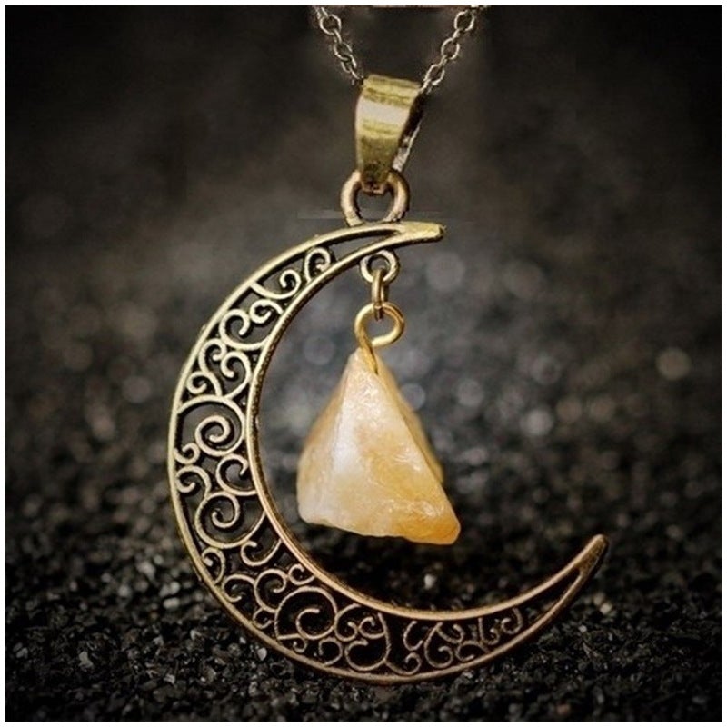Natural Stone Crystal Necklace Vintage Moon Alloy Sweater Chain