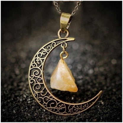 Natural Stone Crystal Necklace Vintage Moon Alloy Sweater Chain