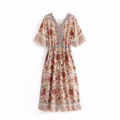 Bohemian V-Neck Retro Floral Wide Leg Jumpsuit