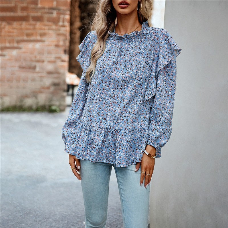 Lace Collar Floral Wood Ear Trim Shirt