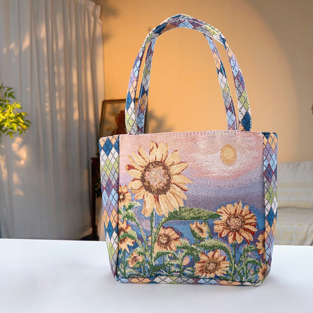 Cosbai - Diamond Pattern Lace Print Canvas Tote Bag