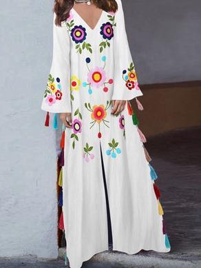 Vintage Print V-Neck Long Dress