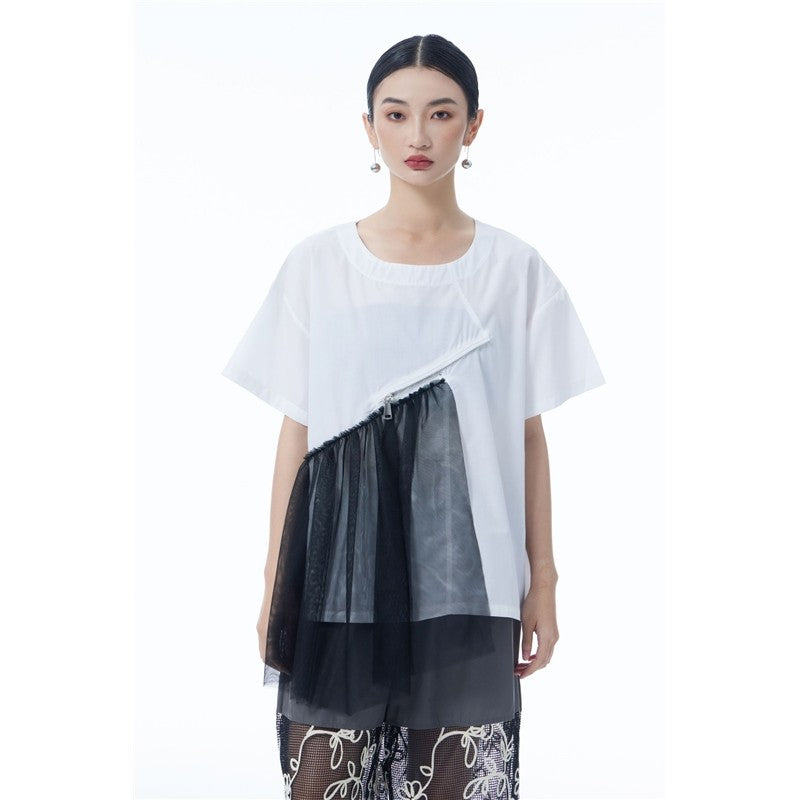 Vintage Mesh Zipper Short Sleeve T Shirt Women