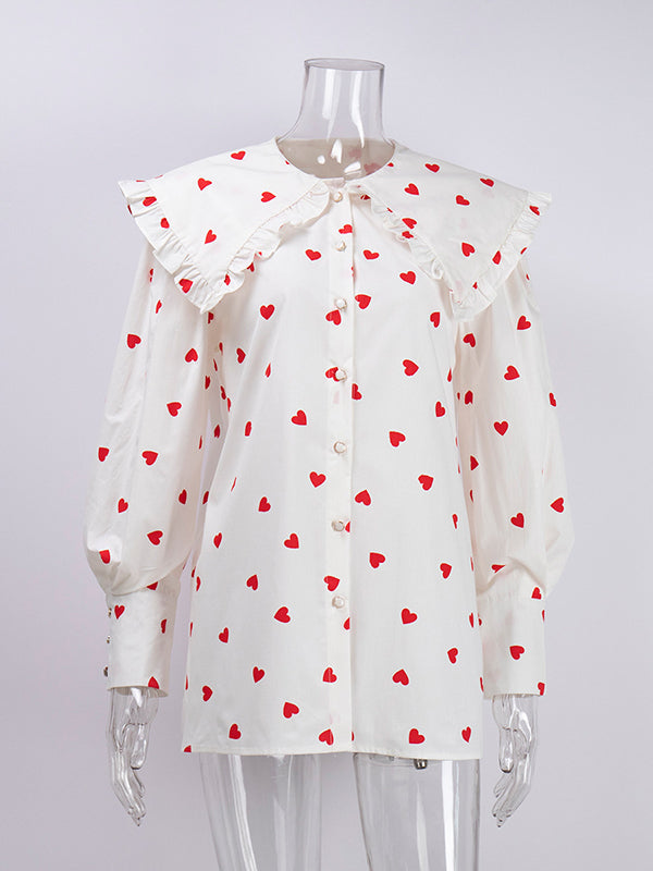 Loose Contrast Color Doll Collar Heart Print Blouses&Shirts Tops