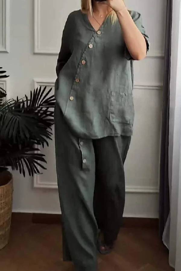 Solid Color Cotton And Linen Cropped Top \u0026 Wide Leg Pants Two-Piece Set