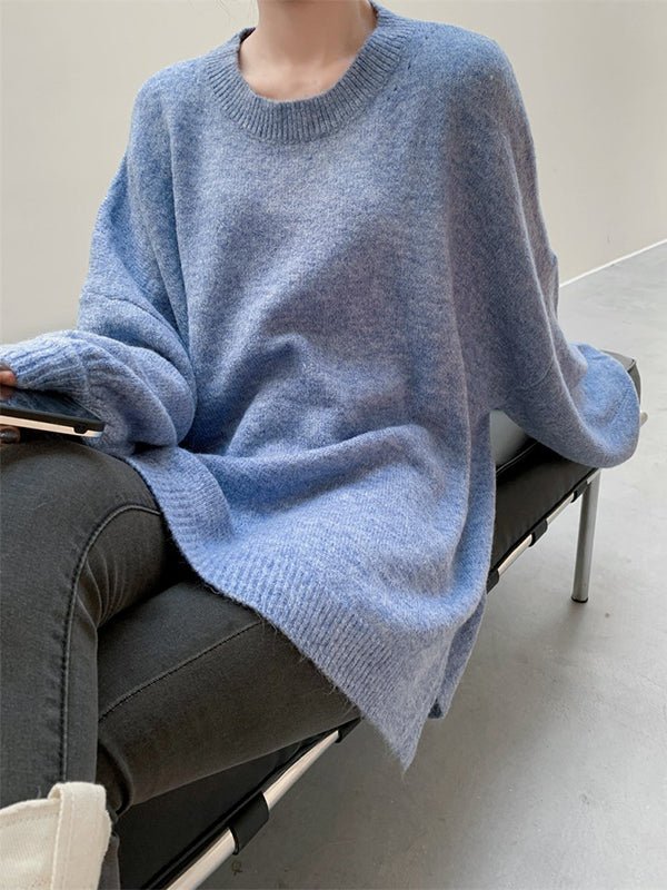 Loose Puff Sleeves Split-Side Solid Round-Neck Sweater Tops