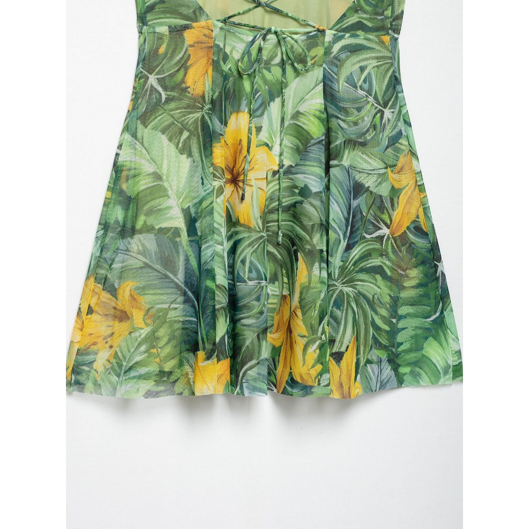 Troposa - Backless Mini Dress - Floral &amp; Leopard &amp; Leaf