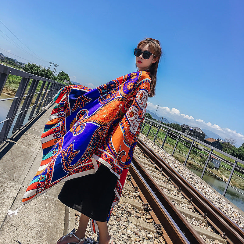 Women'S Summer Beach Sunscreen Shawl Ethnic Style Scarf Dual Purpose Long Beach Scarf With Versatile Large Scarf