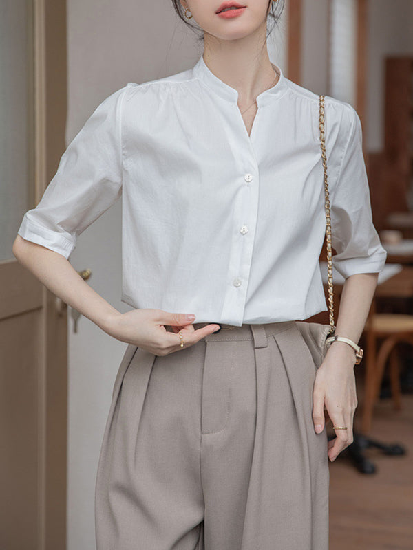 Half Sleeves Loose Buttoned Pleated Solid Color Split-Joint Stand Collar Blouses&Shirts Tops