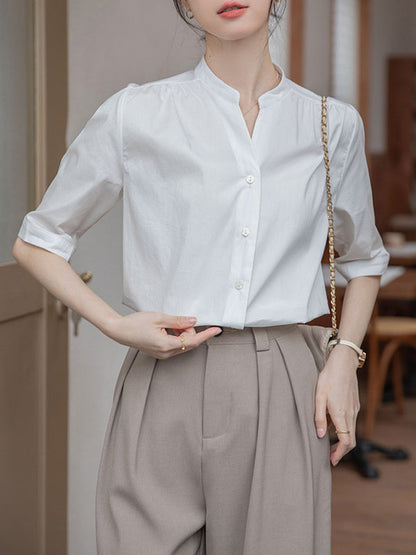 Half Sleeves Loose Buttoned Pleated Solid Color Split-Joint Stand Collar Blouses&Shirts Tops