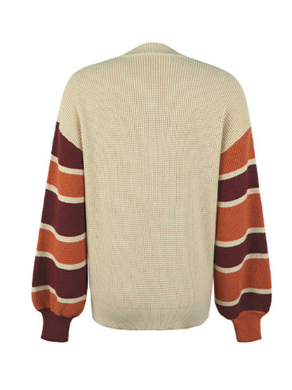 Casual Puff Sleeves Loose Striped V-Neck Sweater Tops