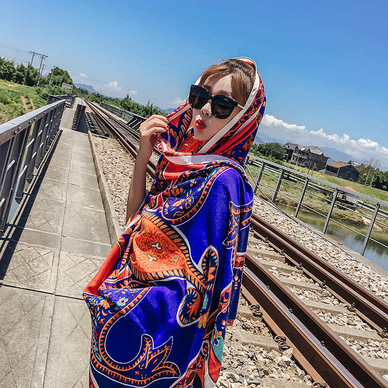 Women'S Summer Beach Sunscreen Shawl Ethnic Style Scarf Dual Purpose Long Beach Scarf With Versatile Large Scarf