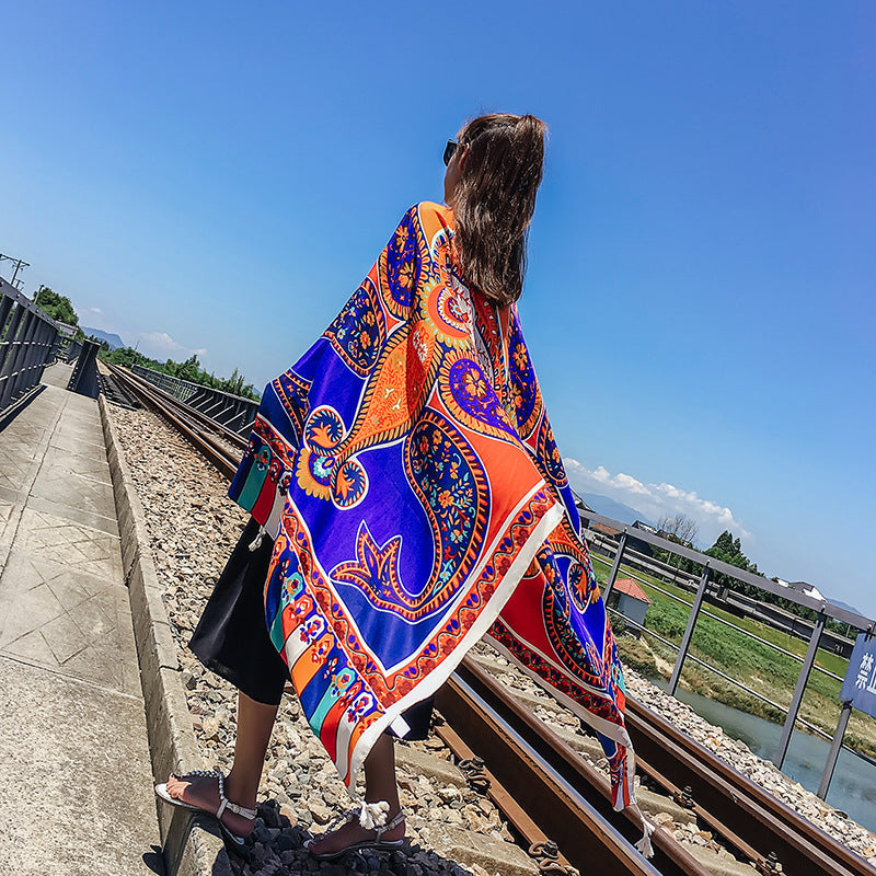 Women'S Summer Beach Sunscreen Shawl Ethnic Style Scarf Dual Purpose Long Beach Scarf With Versatile Large Scarf