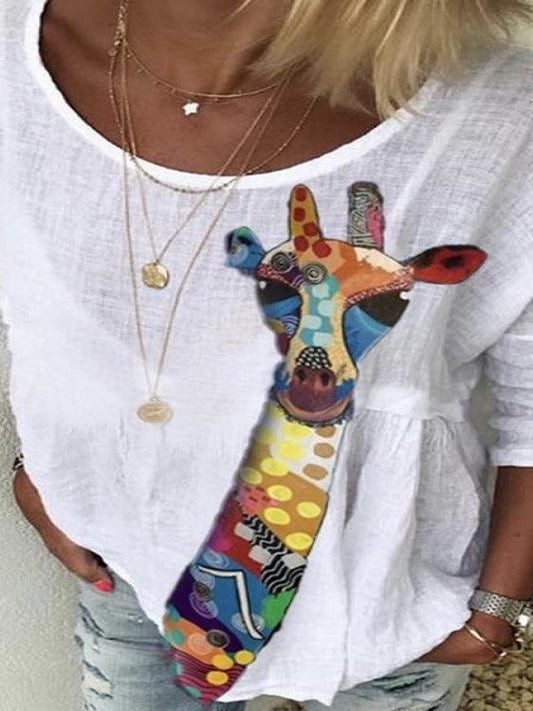 Summer Women Cotton Fawn Print Casual Loose Five-Point Sleeve T-Shirt