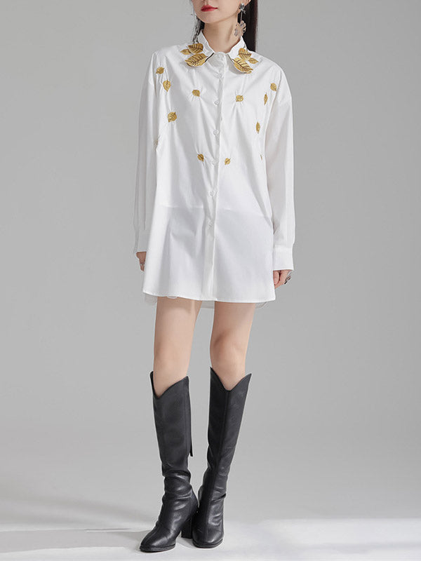 Long Sleeves Loose Buttoned Embroidered Split-Side Lapel Blouses&Shirts Tops