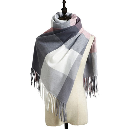 Imitated Cashmere Plaid Print Striped Tasseled Shawl Scarf