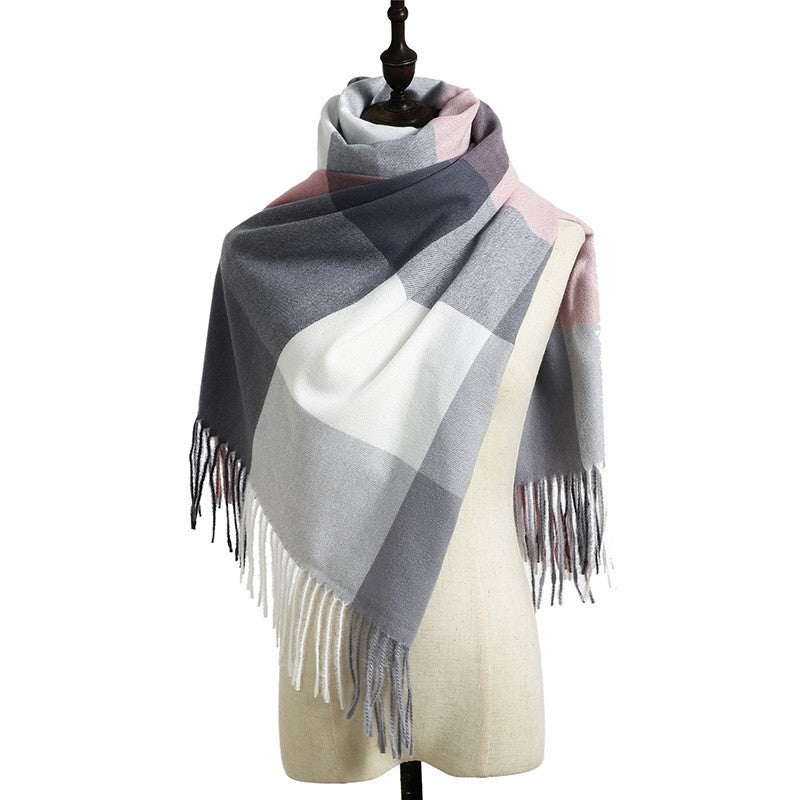 Imitated Cashmere Plaid Print Striped Tasseled Shawl Scarf
