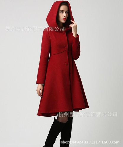 New Solid Color Hooded Long Swing Slim Slim Fashion Simple Coat