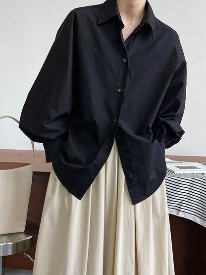 Long Sleeves Loose Buttoned Pleated Solid Color Lapel Blouses&Shirts Tops