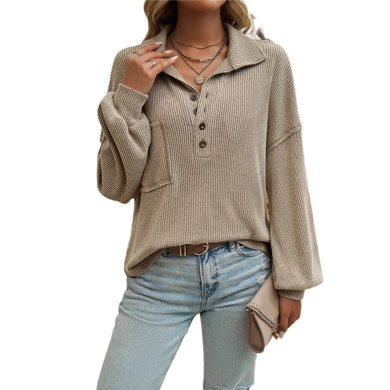 Orange Casual Turn-Down Collar Knit Sweater