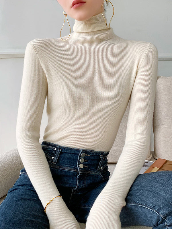 Simple Skinny Solid Color High-Neck Sweater Tops Pullovers