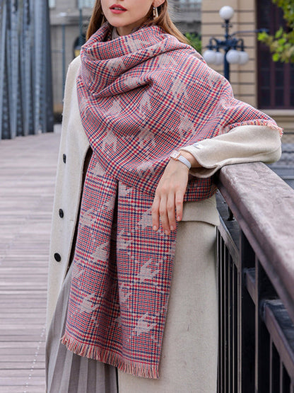 Fringed Houndstooth Keep Warm Shawl&Scarf