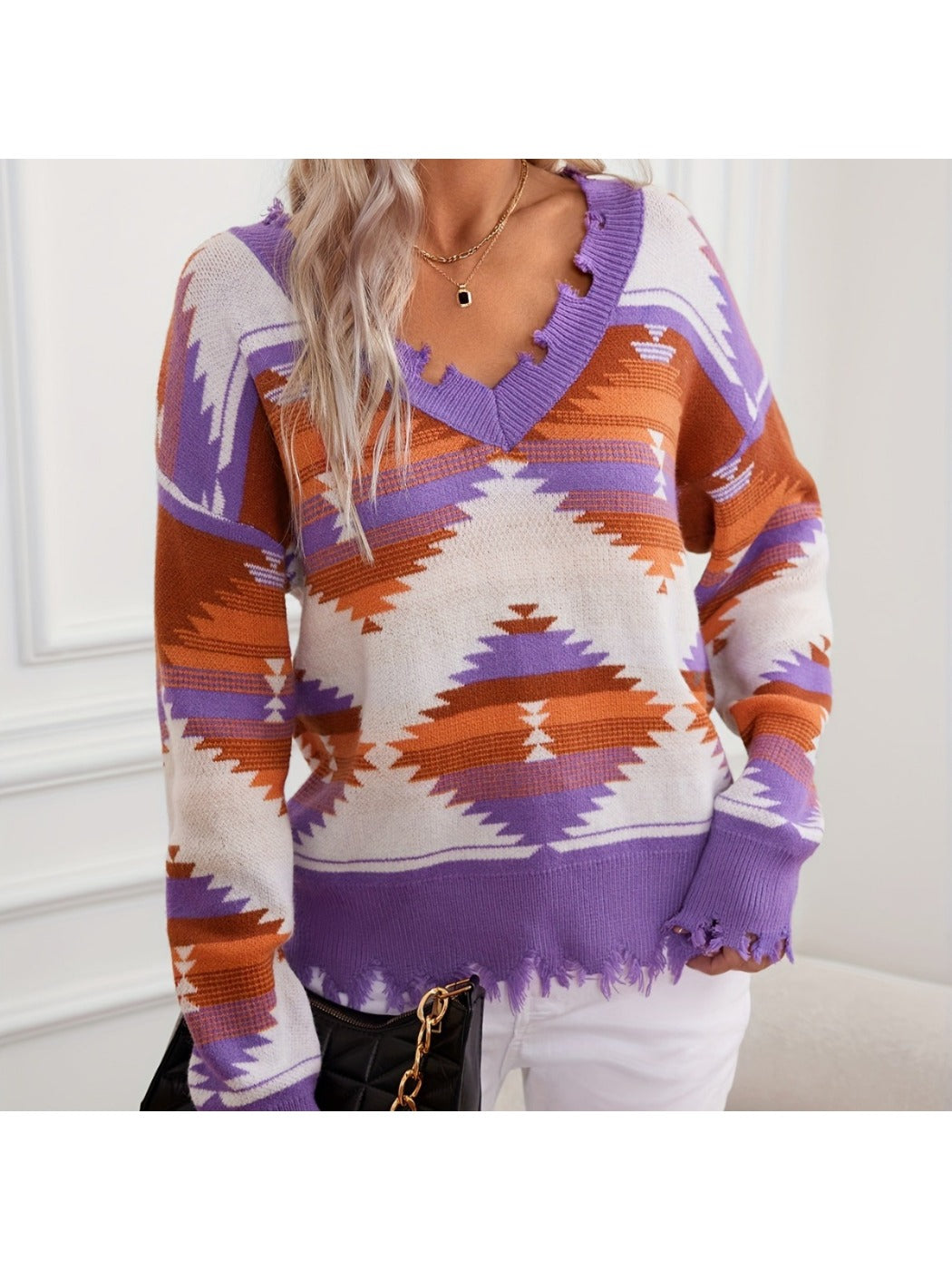 Crosa - Distressed Knit V-Neck Sweater with Geometric Patterns