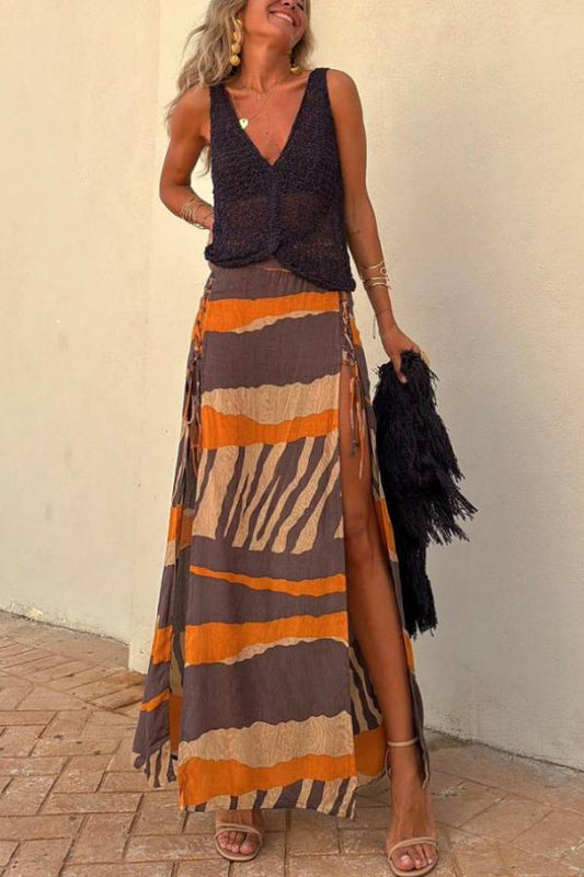 Bendita Colorblock Print Elastic Waist Side Lace-up Slit Maxi Skirt