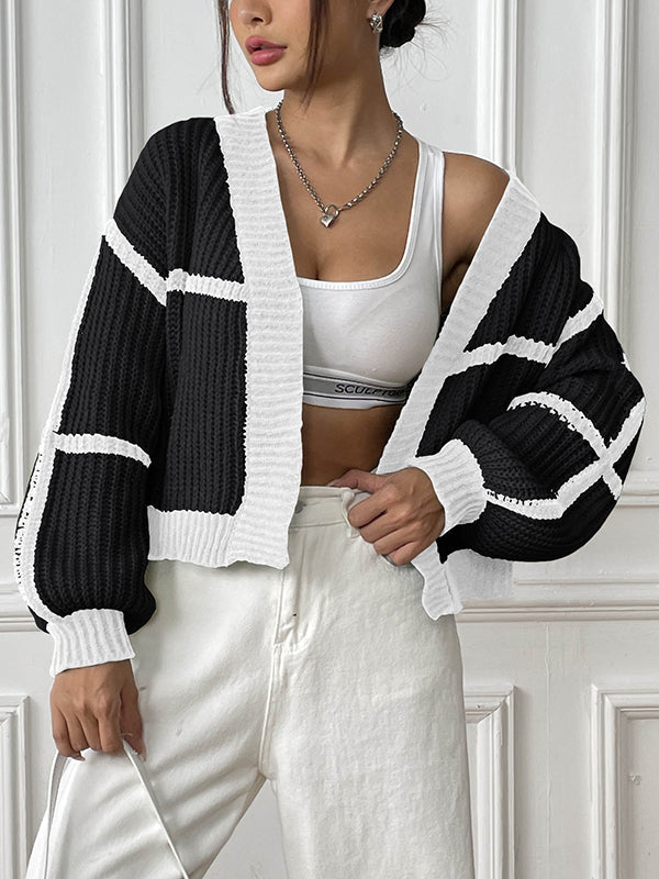 Long Sleeves Loose Contrast Color Cardigan Sweater Tops
