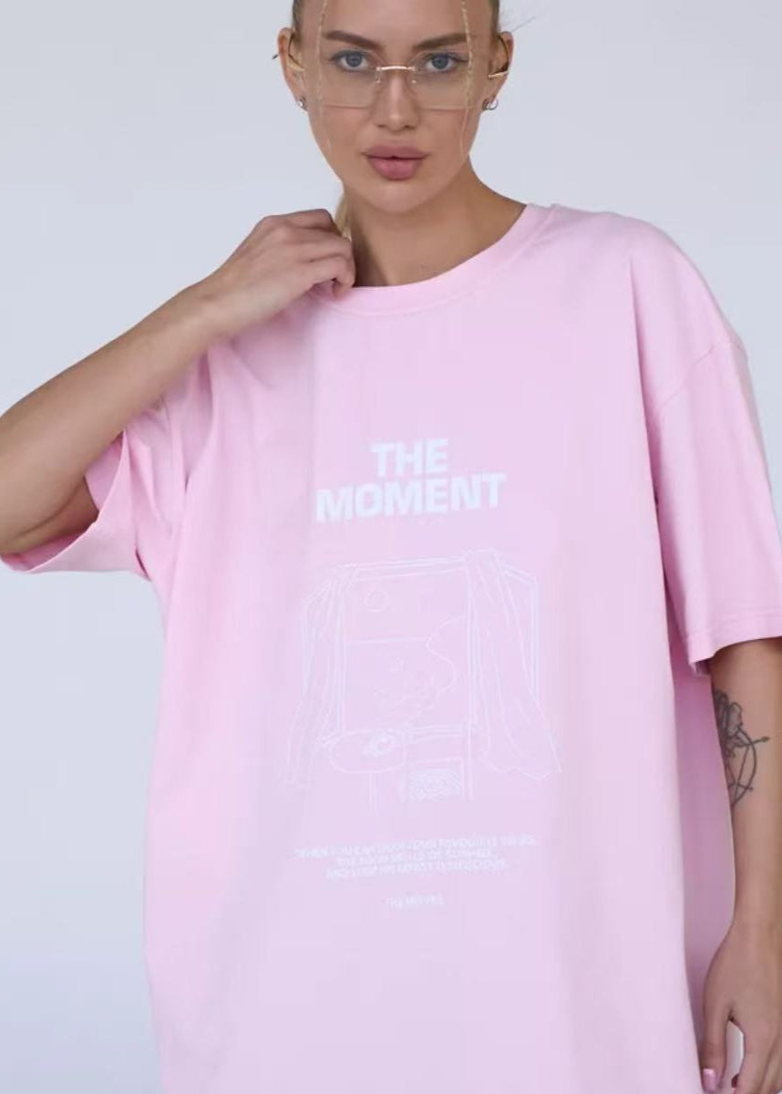 Oversized Cotton Tee With Graphic Print Pink