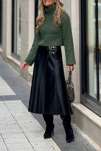 Metal buckle-embellished mid-length A-line leather skirt