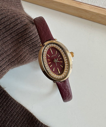 Stylish Dark Red Leather Zircon Hardlex Crystal Watches