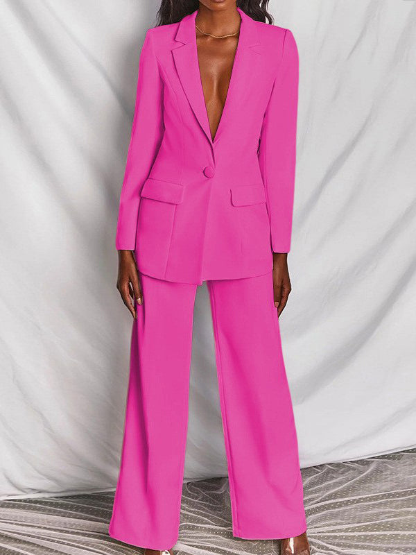 Long Sleeves Wrap Solid Color Deep V-Neck Cardigan&Pants Suits