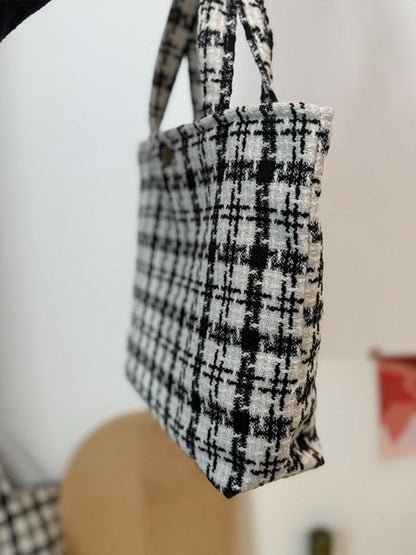 Cosbai - Canvas Small Tote with Plaid Patterns