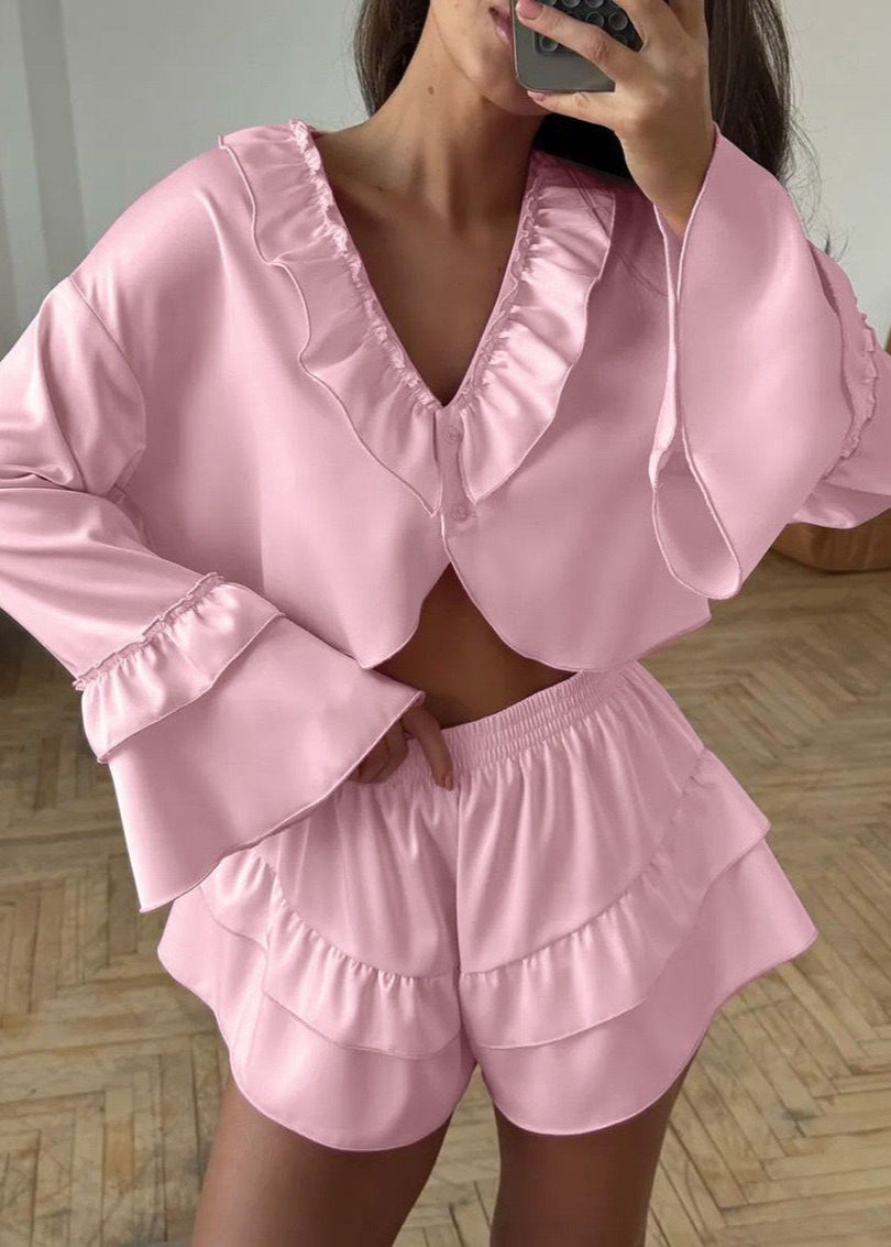 Long Sleeve Top and Shorts Set With Ruffle Trim