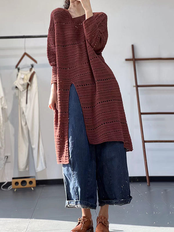 Long Sleeves Loose Hollow Solid Color Split-Front Round-Neck Sweater Dresses