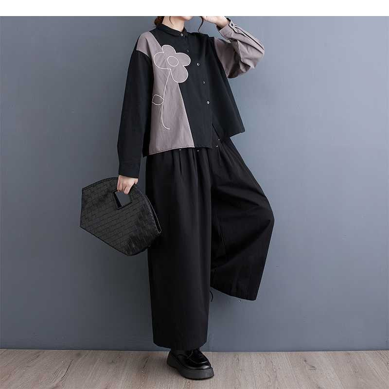 Long Sleeve Lapel Single Breasted Embroidery Loose Blouse