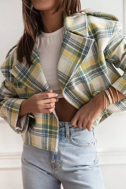 Women Fall\/Winter Turndown Collar Plaid Print Jacket
