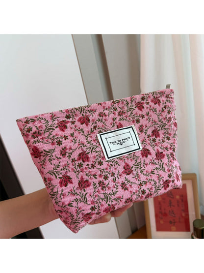 Cosbai - Corduroy Travel Makeup Bag with Floral Prints
