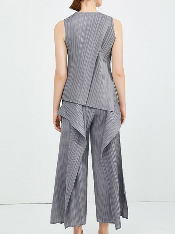 Irregular Clipping Loose Asymmetric Pleated Solid Color Split-Side Tiered Round-Neck Casual Pants Bottoms Two Pieces Set Vest Top