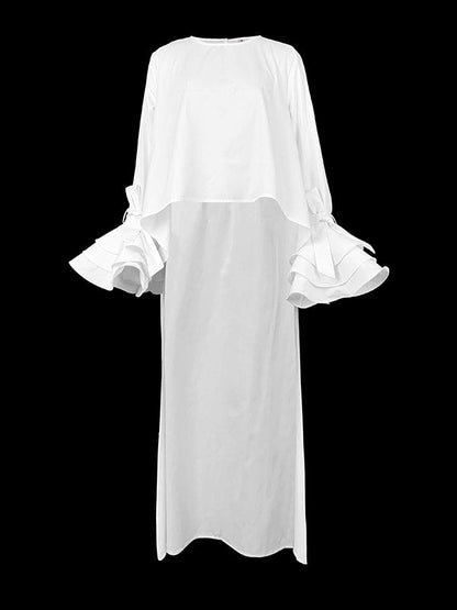 High-Low Loose Solid Color Split-Joint Tiered Round-Neck Blouses&Shirts Tops