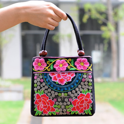 New Tibet National Canvas Women'S Bag Flower Small Square Bag Embroidered Double Pull Lock Lady Handbag