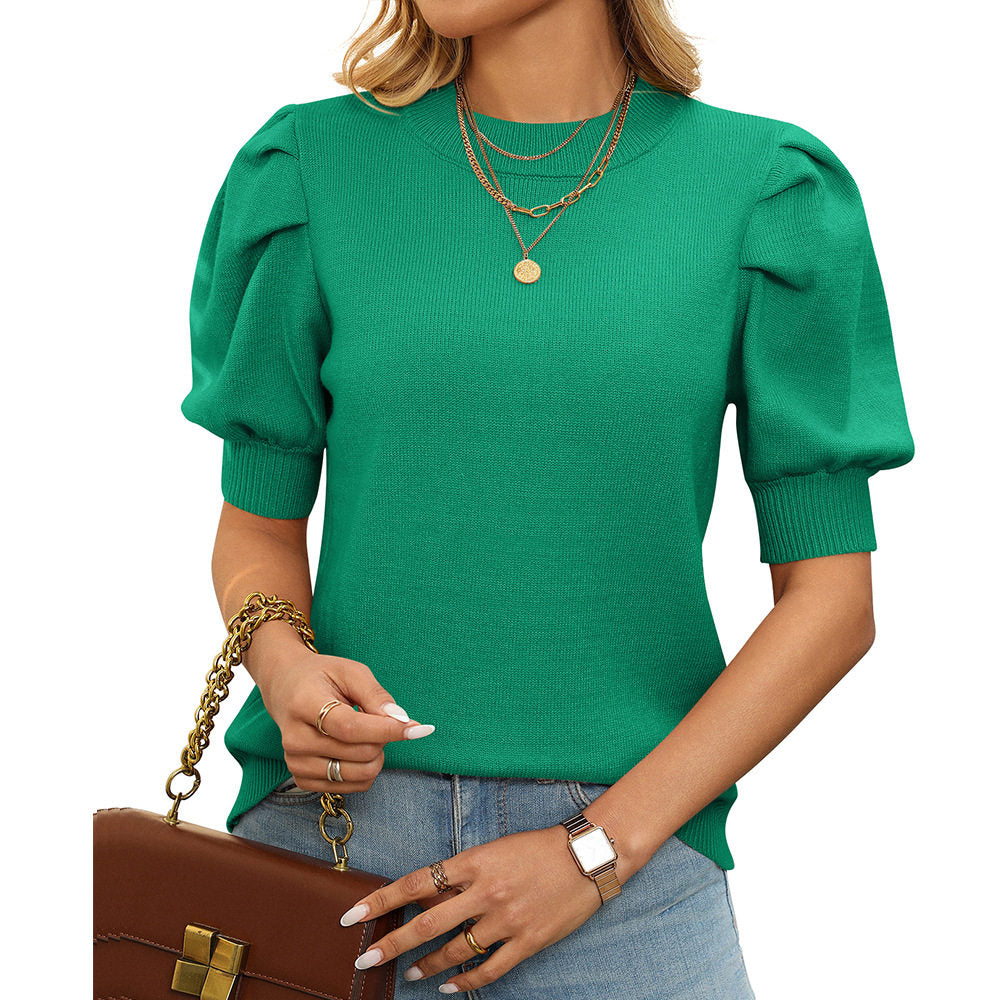 Round Neck Bubble Sleeve Solid Color Short Sleeve Sweater