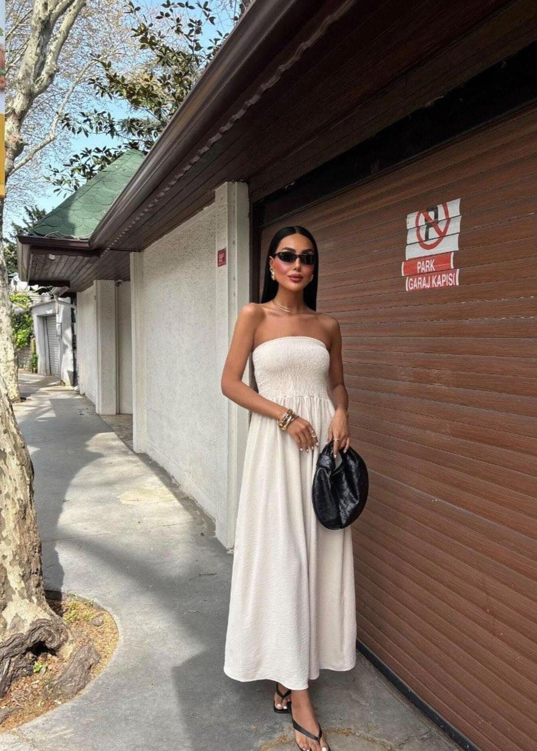 Strapless Smocked Polyester Maxi Dress Yellow