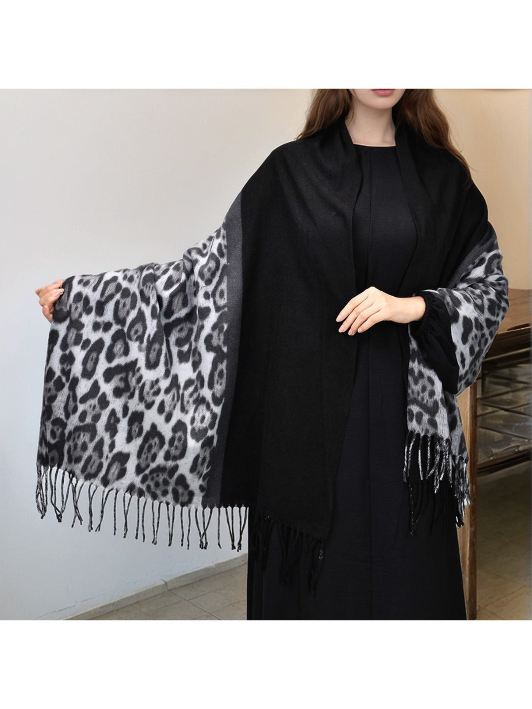 Sscarvii - Leopard Print Tassel Winter Scarf