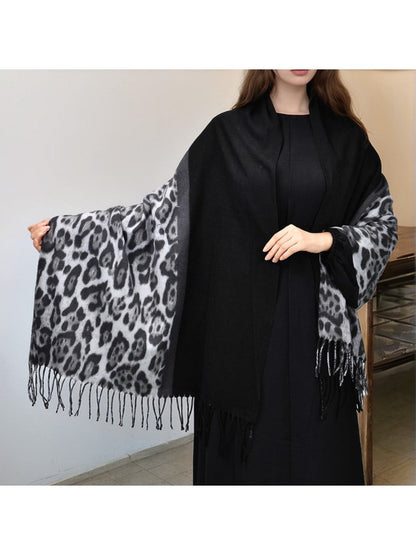 Sscarvii - Leopard Print Tassel Winter Scarf