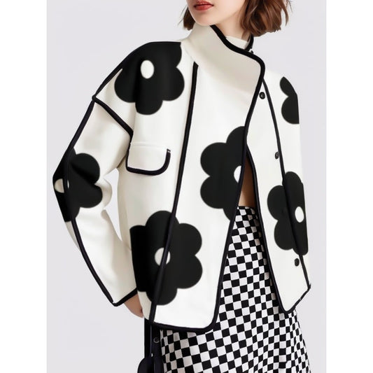 Long Sleeves Loose Contrast Color Flower Print Split-Joint Stand Collar Jackets Outerwear