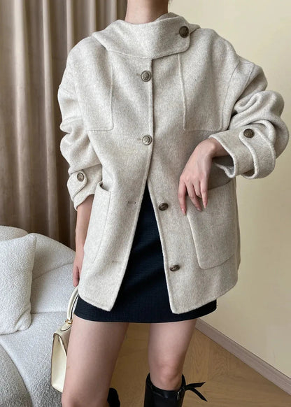 Wool Blend Hooded Cape Coat With Pockets