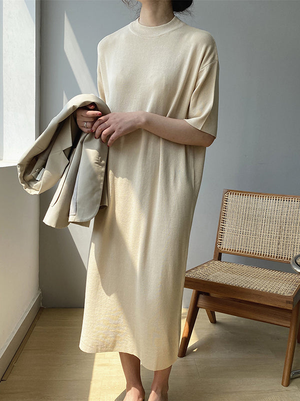 Loose Short Sleeves Solid Color Split-Joint Round-Neck Midi Dresses Sweater Dresses